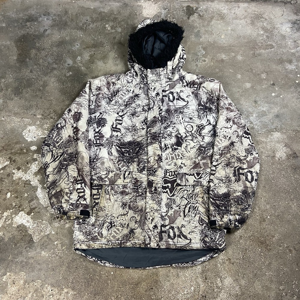 Vintage Y2K Fox Racing Faux Fur Jacket Size XL White All Over Print Motorcross